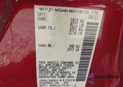 2015 Nissan Altima 2.5 S from USA, damaged, VIN 1N4AL3AP0FC431928